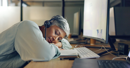 Image showing Customer service communication, sleeping and call center woman on contact us CRM, night consulting burnout or telemarketing. Customer support fatigue, telecom microphone and tired senior consultant