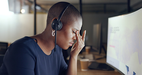 Image showing Call center, stress and black woman with headache, burnout and overworked in office, tired and pain. African American female, consultant and agent with depression, crm and overwhelmed in workplace