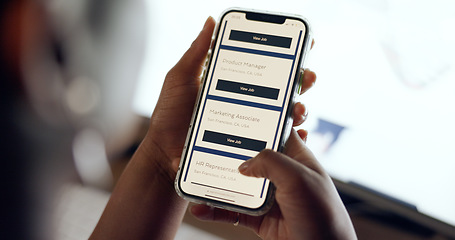 Image showing Job search, smartphone screen and hands on recruitment website, we are hiring or hr software on mobile app. Ux design, Human Resources marketing or advertising for career SEO search engine technology