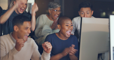 Image showing Clapping, winning and business people on computer at night for global sales, stock market or results. High five, celebration and wow for winner or worker group of online target, data review and goals