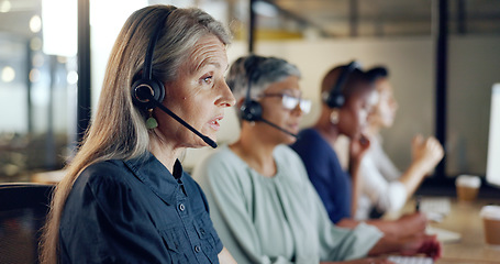 Image showing Call center, customer support and telemarketing with a senior woman at work as a consultant in her office. Crm, contact us and sales with a mature female consulting using a wireless headset at work
