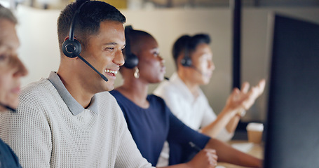 Image showing Call center, business man and team communication, global office and telemarketing diversity. Telecom, technical support or virtual help desk agent, consultant or ecommerce worker smile on computer