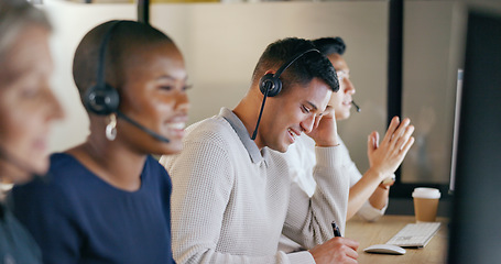 Image showing Call center, business man and team communication, global office and telemarketing diversity. Telecom, technical support or virtual help desk agent, consultant or ecommerce worker smile on computer