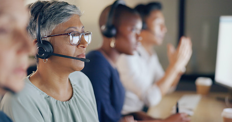 Image showing Senior agent face, call center and woman on phone call with customer, contact us and CRM with communication. Customer service, telemarketing and tech support with headset and work in coworking space