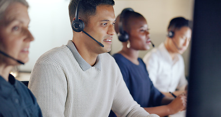 Image showing Call center, business people and team communication, global office and telemarketing diversity. Telecom, technical support or virtual help desk agent, consultant or ecommerce worker talk on computer