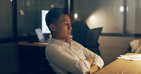 Image showing Business man, working night and tired with burnout and corporate fatigue, overtime at the office and exhausted. Overworked employee, sleep and working hard with Asian businessman sleeping at desk