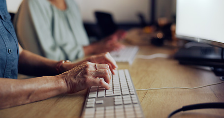 Image showing Computer keyboard, night and hands of woman typing feedback review of financial portfolio, investment or stock market. Economy, online and crypto trader research forex, bitcoin mining or nft trading