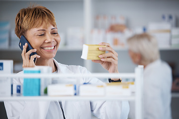 Image showing Consulting, conversation and pharmacist on a phone call about medicine information or ingredients. Medical, talking and mature female doctor speaking about pills, advice and prescription on a mobile