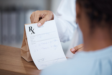 Image showing Medicine, healthcare and woman with a prescription from doctor for medication and instructions. Medical, reading and pharmacist giving a patient a paper with information on pills and antibiotics