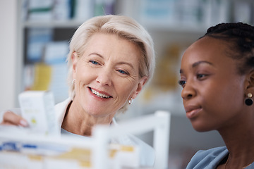 Image showing Pharmacist, healthcare and black woman with medicine, shopping and conversation for instructions, information and smile. Pharmacy, female customer and medical professional with pills and discussion