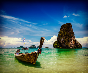 Image showing Long tail boat on beach, Thailand