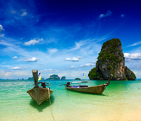 Image showing Long tail boats on beach, Thailand