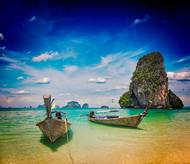 Image showing Long tail boats on beach, Thailand