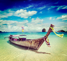Image showing Long tail boat on beach, Thailand