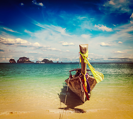 Image showing Long tail boat on beach, Thailand