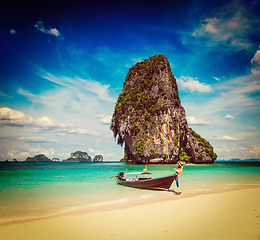 Image showing Long tail boat on beach, Thailand