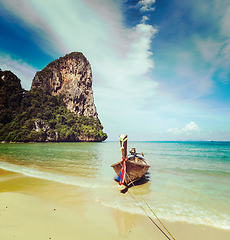 Image showing Long tail boat on beach, Thailand