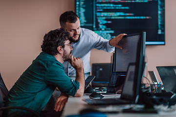 Image showing Programmers engrossed in deep collaboration, diligently working together to solve complex problems and develop innovative mobile applications with seamless functionality.