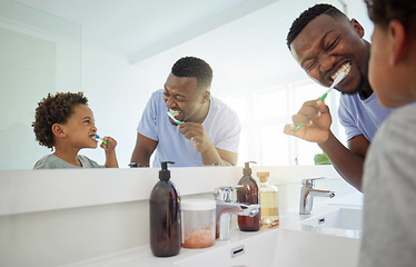 Image showing Dental hygiene, father and son brushing teeth, morning routine and wellness in bathroom with smile. Love, dad and boy oral health, cleaning mouth and child development with happiness and self care