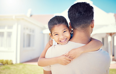 Image showing Family, father and kid hug outdoor with love and care, bonding at home with happy child and trust in backyard. Relationship, man and girl together with happiness in portrait, embrace and childhood