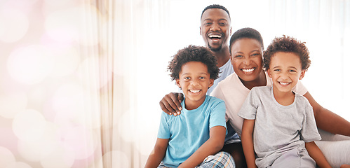 Image showing Portrait, love and black family with quality time, happiness and loving together with joy, bonding and relax. Face, parents and children with smile, mother and father with kids, break and cheerful