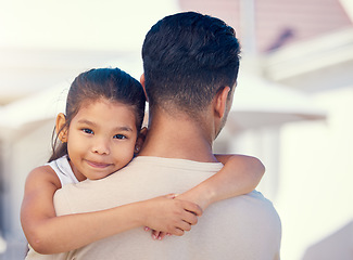 Image showing Family, dad and child hug outdoor with love and care, bonding at home with happy kid and trust in backyard. Relationship, man and girl together with happiness in portrait, embrace and childhood