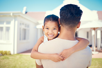 Image showing Family, father and child hug outdoor with love and care, bonding at home with happy kid and trust in backyard. Relationship, man and girl together with happiness in portrait, embrace and childhood