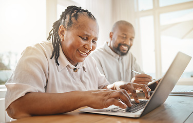 Image showing Love, senior couple and budget in lounge, retirement and laptop with fintech, discussion and planning finance. Retired, black man and woman with device, conversation and check investments and savings