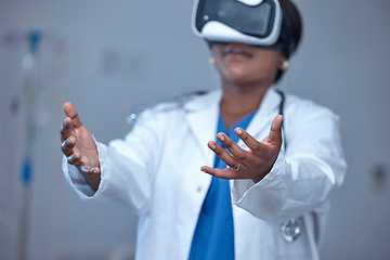 Image showing VR, woman hands and medical doctor in metaverse, innovation and digital analysis. Healthcare, virtual reality and touch technology of future medicine, cyber consulting or futuristic hospital research