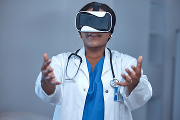 Image showing VR, black woman hands and medical doctor in metaverse, innovation and digital analysis. Healthcare, virtual reality and touch technology of future medicine, cyber consulting and futuristic hospital