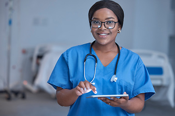 Image showing Black woman, portrait and nurse in hospital with tablet for healthcare planning, wellness analysis or online test. Happy nursing, digital technology and medical services of medicine, doctor or clinic
