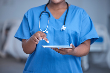 Image showing Black woman, hands and nurse in hospital with tablet for healthcare planning, wellness analysis or online test. Nursing closeup, digital technology and medical services for medicine, doctor or clinic