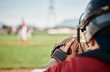 Image showing Baseball, mockup and catch with a sports man on a field during a game for competition during summer. Fitness, training and mock up with a male athlete playing a match for sport or at practice