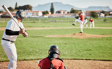 Image showing Baseball, bat and mockup with a sports man outdoor, playing a competitive game during summer. Fitness, health and exercise with a male athlete or player training on a field for sport or recreation