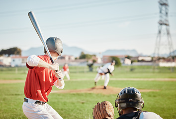 Image showing Baseball, bat and homerun with a sports man outdoor, playing a competitive game during summer. Fitness, health and exercise with a male athlete or player training on a field for sport or recreation