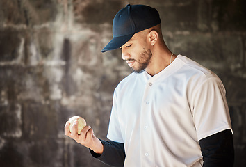 Image showing Baseball field, thinking or man with a ball in training ready for match or game on bench dugout in summer. Workout exercise, mindset or thoughtful young sports player focused on playing softball