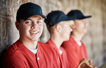 Image showing Happy baseball player portrait, bench or sports man on field at competition, training match on a stadium pitch. Softball workout exercise, face or players playing a game in team dugout in summer