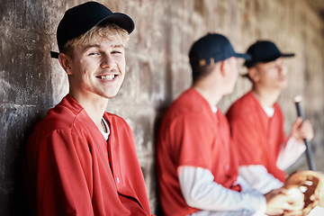 Image showing Baseball player portrait, bench or happy man in a game, competition or training match on a stadium pitch. Softball workout exercise, funny face or players laughing or playing a game in team dugout