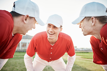 Image showing Team, planning or baseball player with a strategy in training workout match or softball game field formation. Motivation, smile or leadership with happy sports men or athlete group for mission goals