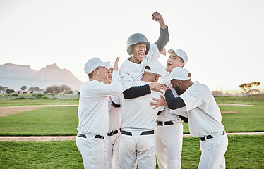 Image showing Baseball men, team celebrate and winning competition, game and sports goals, success and victory. Excited group of people or sport winner celebration, cheers and congratulations hug together on pitch