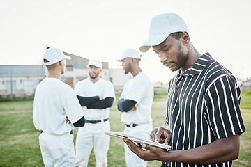 Image showing Black man, planning or baseball coach with a strategy, training working or softball game field formation. Teamwork, tablet or leadership with sports men or athlete group for fitness or mission goals
