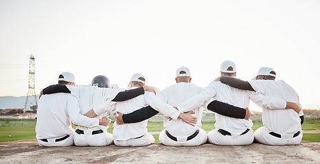 Image showing Support, hug and back of men in baseball for motivation, solidarity and collaboration at a park. Teamwork, community and players sitting together for sport, training and hugging for sports on a field