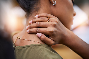 Image showing Closeup, Indian woman and neck pain with burnout, stress and agony with muscle strain, overworked and tension. Zoom, female and lady with health issue, problem or first aid with emergency or accident