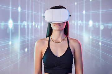 Image showing Woman, virtual reality glasses and hologram with metaverse, futuristic and web technology. Female, lady and games with vr, holographic and esports with ui, headset and futuristic fantasy and graphics