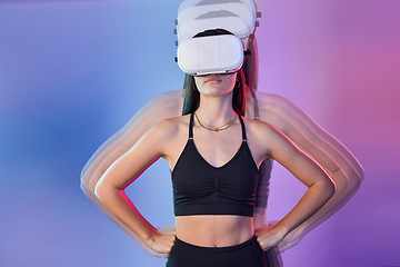 Image showing VR, fitness and woman isolated on studio background metaverse training, exercise or workout power in motion. Virtual reality, high tech and athlete or sports person body in double exposure and neon