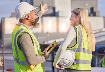 Image showing Diversity collaboration, communication and architect teamwork on real estate building, architecture or project site. Back view, property developer and construction worker planning civil engineering