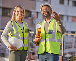 Image showing Diversity collaboration, laughing and architect teamwork on real estate building, architecture or project site. Funny joke, property developer chat and construction worker planning civil engineering