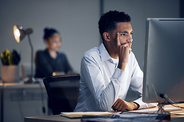 Image showing Computer, night or business man thinking of financial crypto plan, bitcoin mining data or NFT investment. Fintech system, forex trading platform and contemplating broker focus on problem solving idea