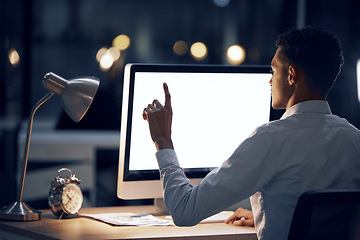 Image showing Computer mock up, night and man point at crypto finance database, bitcoin mining dashboard or NFT investment data. Fintech system, forex trading platform or back of trader with virtual interactive ui