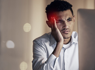 Image showing Headache. stress and business man reading computer data with anxiety and migraine. Red head hurt overlay, confused and businessman with bokeh and mockup feeling pain from finance audit work burnout